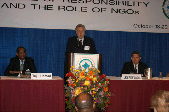 Opening Plenary Session with Taj Hamad (l), William Reuben (c) and Dr. Arias (r)